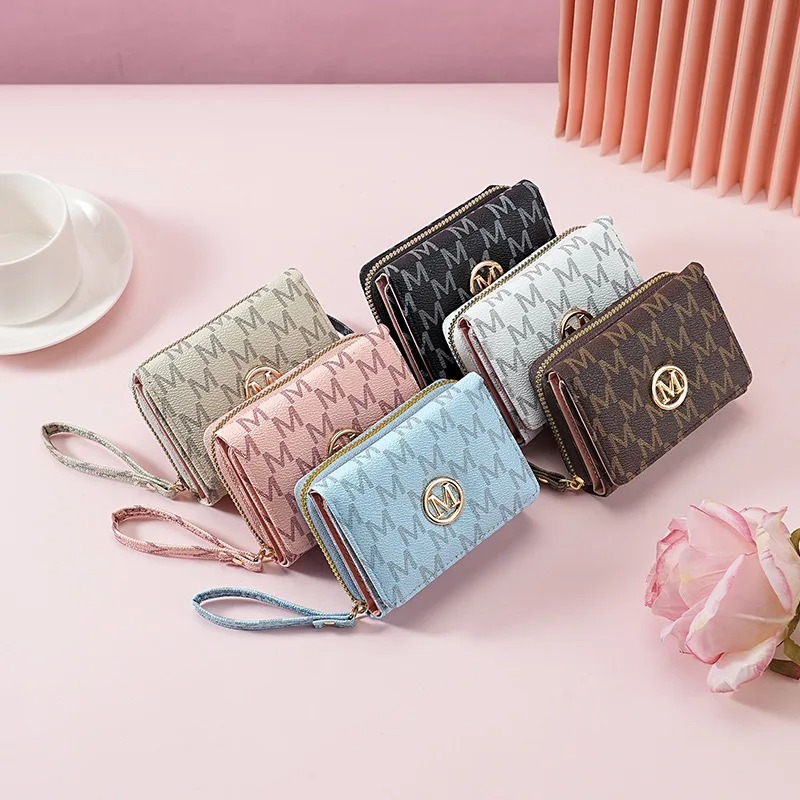 Women Bags Purses - 三つ折りジッパーウォレット、レターパターン入り、スタイリッシュなマルチカラーカードホルダーとリストストラップ付き、女性用のおしゃれな普段使い財布*