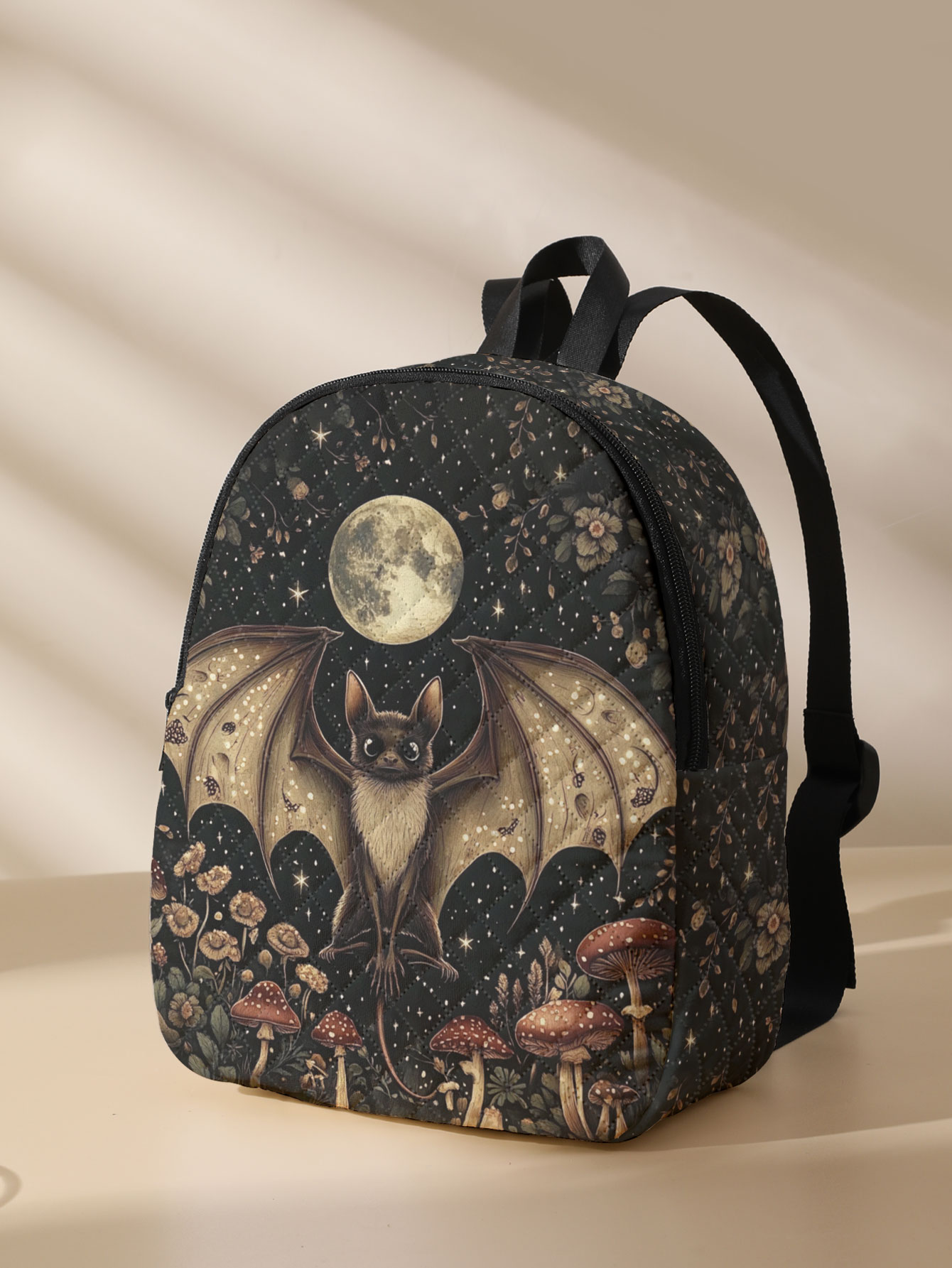 Women'S Bags Going Out - バットムーンマッシュルーム花柄キルティングコンパクトバックパック、アウトドア、旅行、キャンパスに最適、男女兼用、男性と女性の日常使用に最適