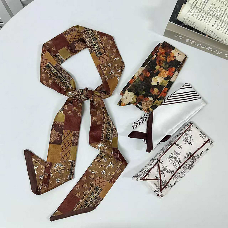 Women Bags Polene - 女性用ロングヘアストリップシルクスカーフ、小さなネックスカーフ、花柄プリント、細いサテンスカーフ、バッグハンドルリボン、ハンカチ、レディースヘッドバンド