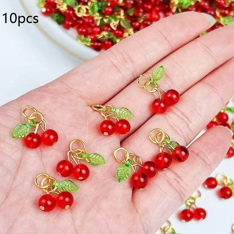 Women Bags Pack - 10 パック 18x18mm マルチシェイプ 3D レッドチェリーアクリルペンダントかわいいフルーツチャーム手作り女性ジュエリーパーツ
