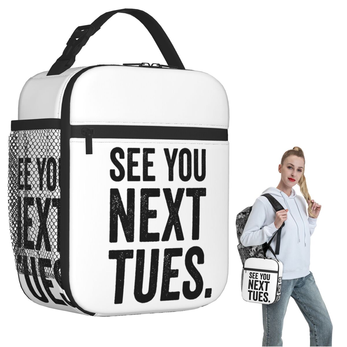 Women Bags Next - 来週の火曜日に会いましょう 耐熱ランチバッグ 女性用 子供用 ポータブルフードボックス 保温ランチボックストートバッグ