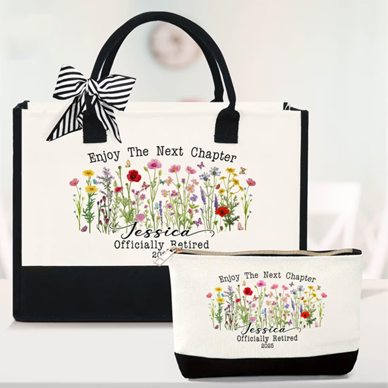 Women Bags Next - パーソナライズされた退職テーマの白黒トートバッグセット、次の章を楽しもう、女性への退職祝い、パーティーデコレーション