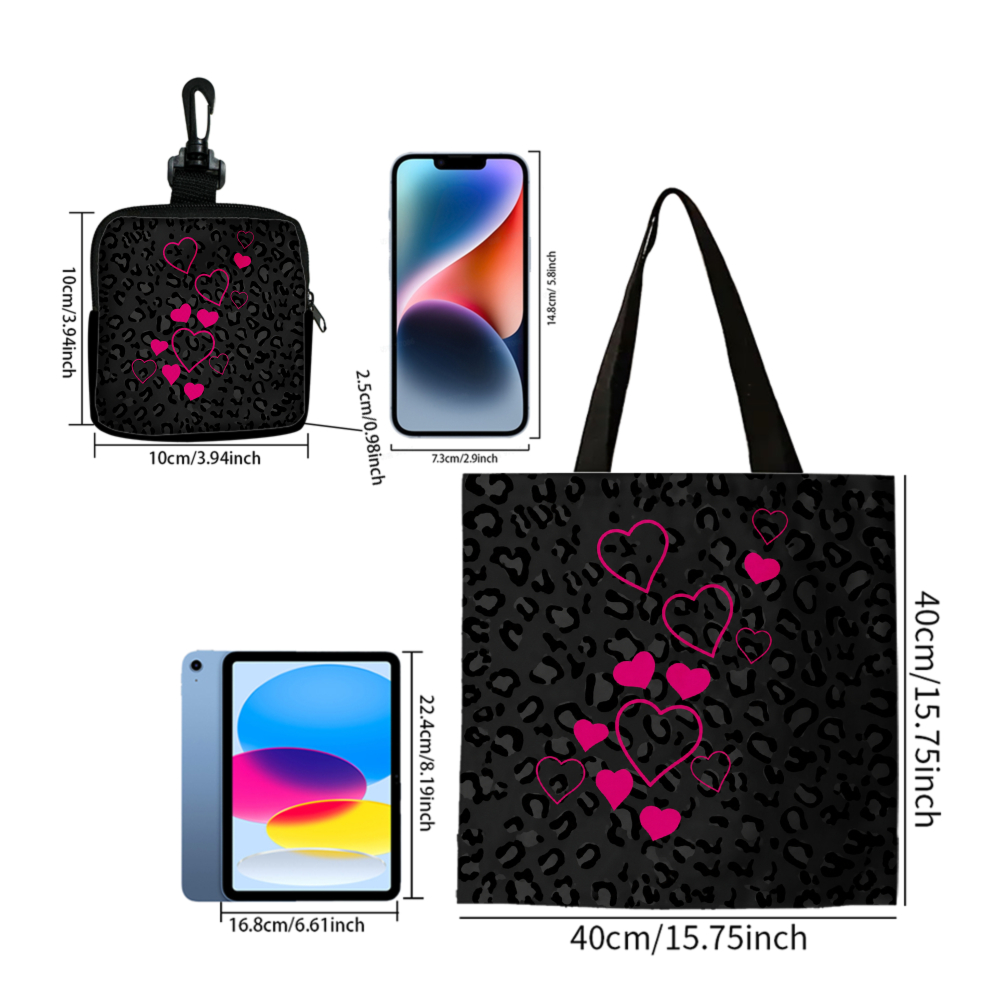 黒のレオパード柄とピンクのハート柄のトートバッグとお揃いのコ - Women Bags Purses のレビューと価格